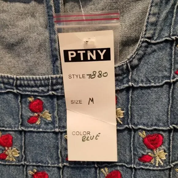 Vintage 90's NEW Denim Dress Embroidered Roses Floral Faux Wrap Button Size M - Picture 15 of 16